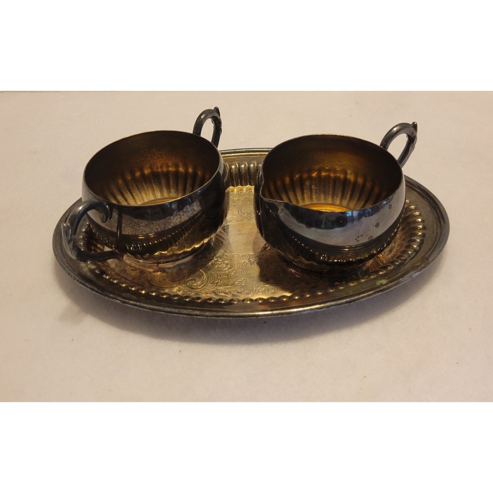 Vtg Oneida‎ Creamer Sugar Tray Set Silver Regency Tea Service MCM Tarnished